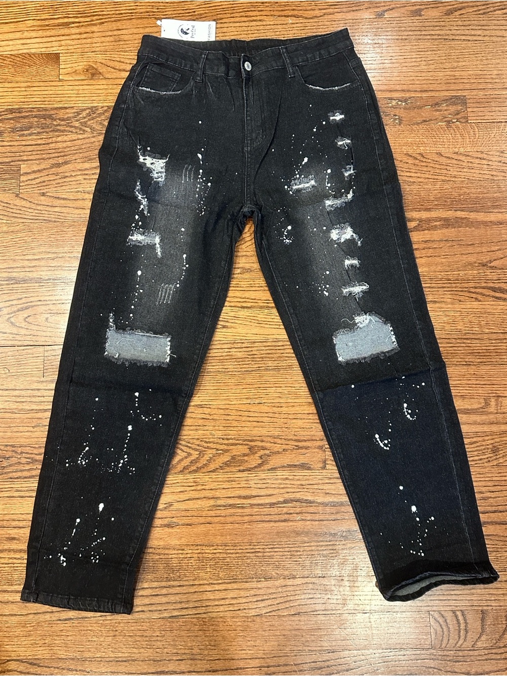 Women’s Straight Leg Black Distressed Jeans with Paint-Splatter